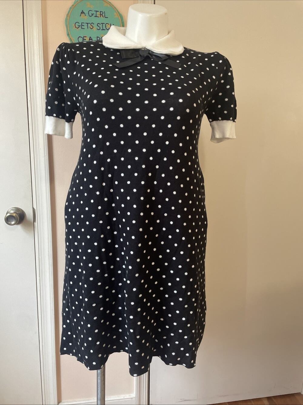 NWT OXKNIT Large Polka Dot Collared Knit Sweater Black White Dress Pockets